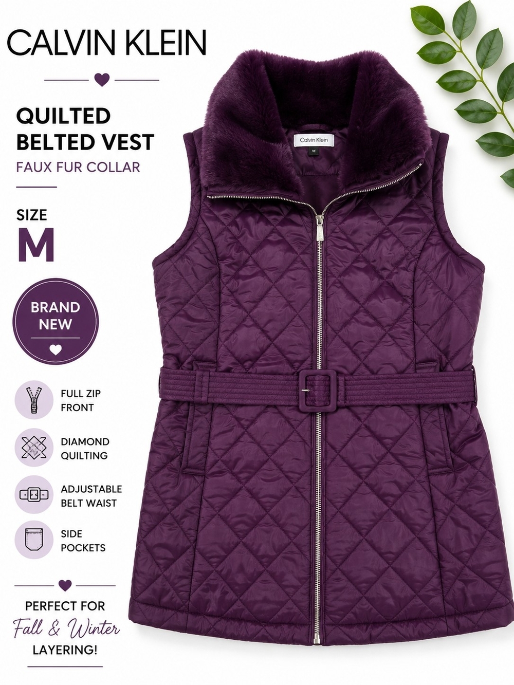 Calvin Klein Quilted Belted Vest in Deep Plum